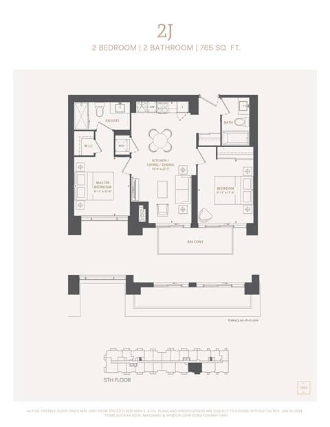 Floor plan for 2 beds, 2 baths, 765 sqft